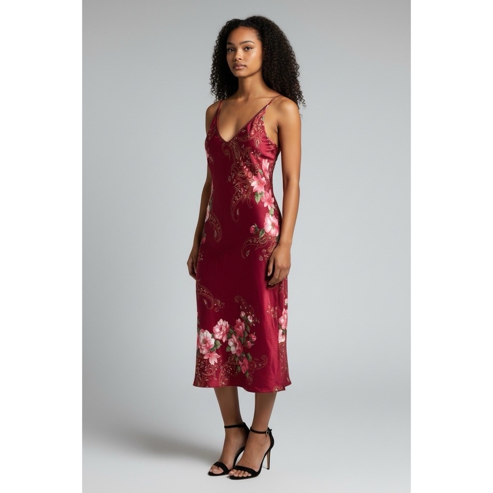 Vtg CALAFORNIA Dynasty Size Small Red‎ Floral Satin MIDI Fitted Slip Dress
